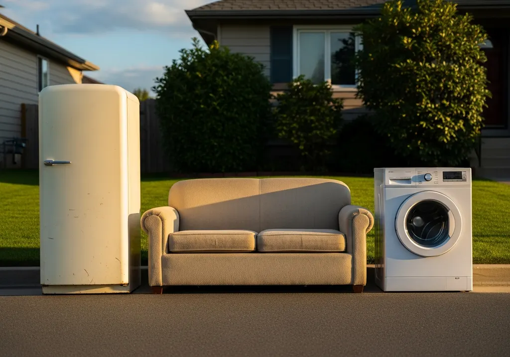 Old furniture and appliances staged at the curb for junk removal pickup