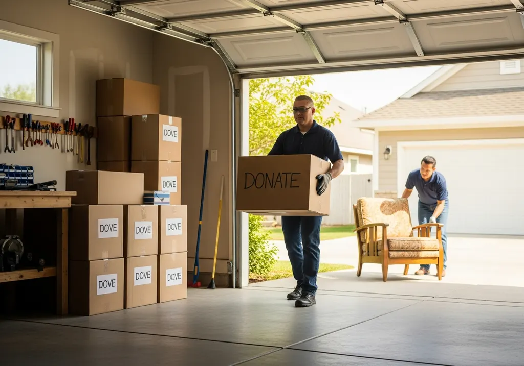 Worker carrying boxes out of a residential garage during a cleanout