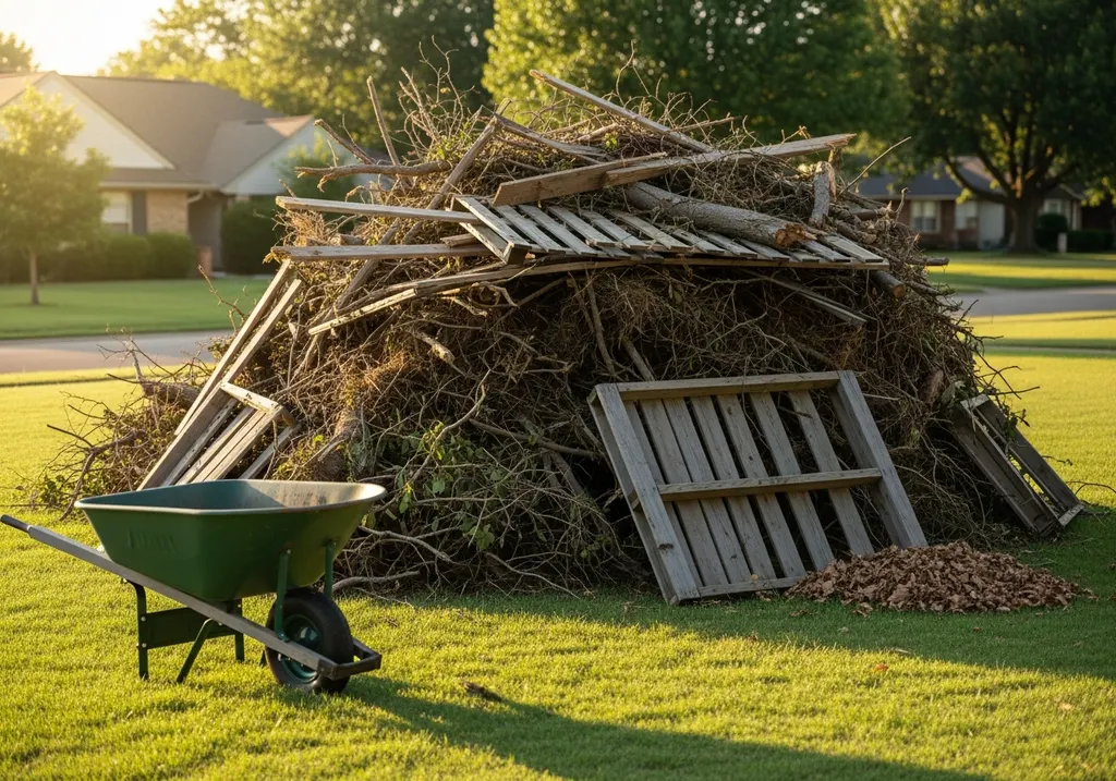 Tree branches and storm debris stacked on a lawn ready for hauling