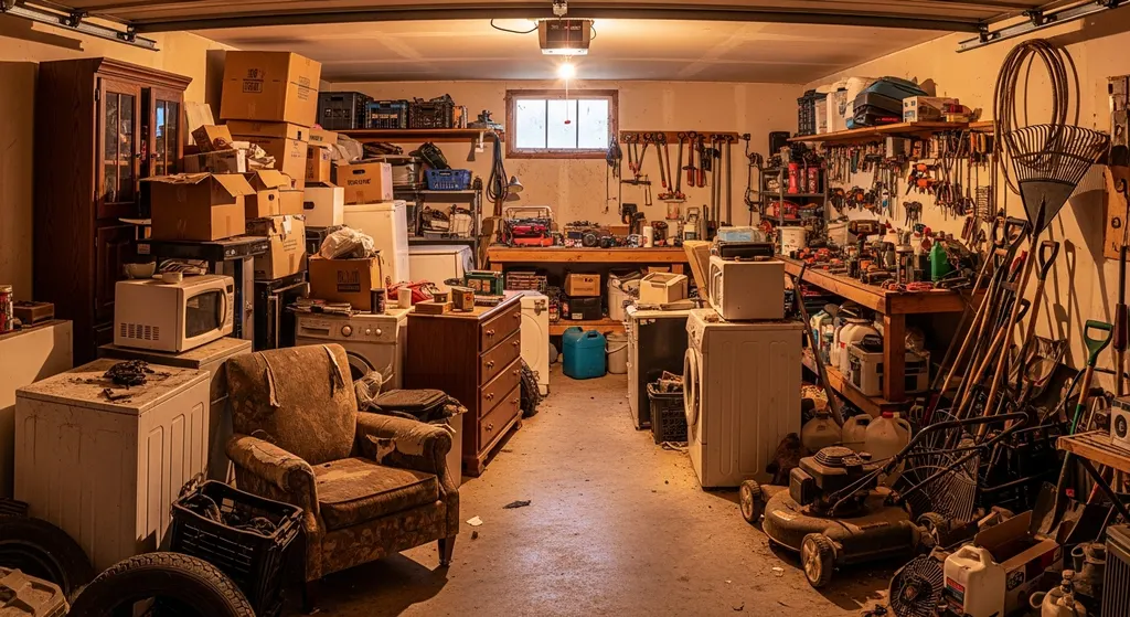 Cluttered garage packed with old furniture, boxes, and junk before a cleanout