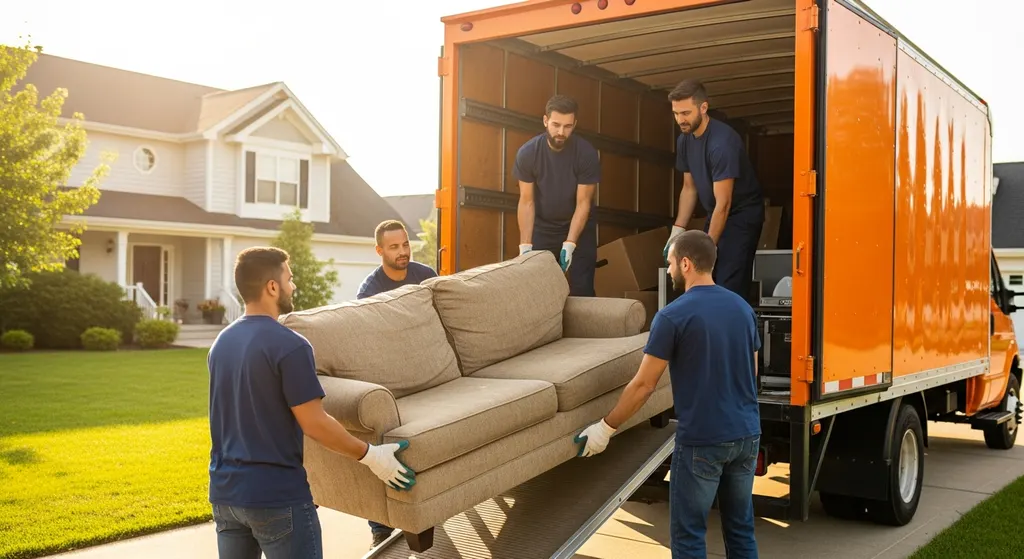 Junk removal crew loading an old couch into an orange truck in Lawton, OK
